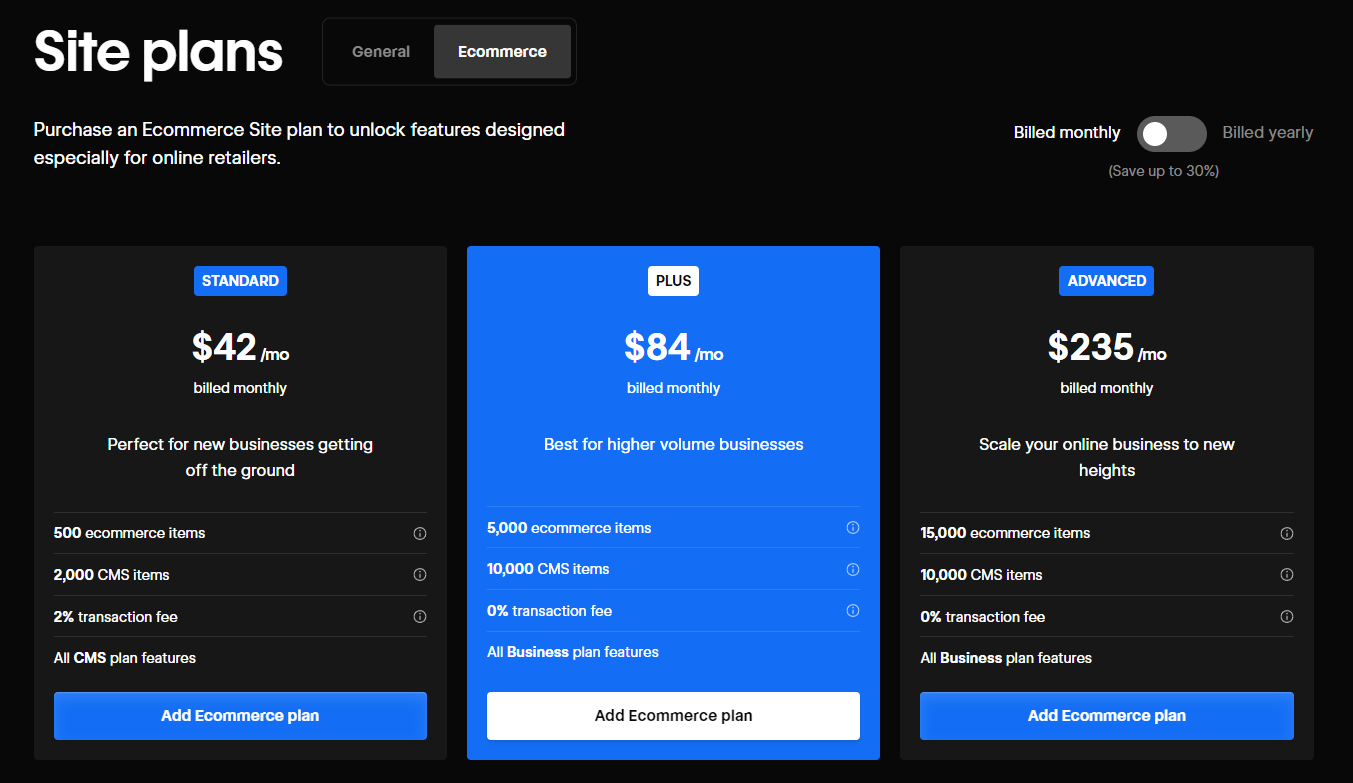 Webflow e-commerce pricing in 2024